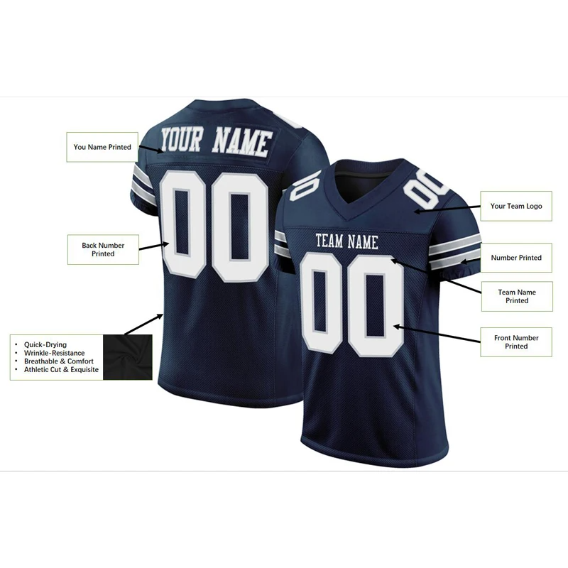 Customizable navy sports jersey featuring printed name, team name, and numbers, highlighted with quick-drying and breathable fabric.