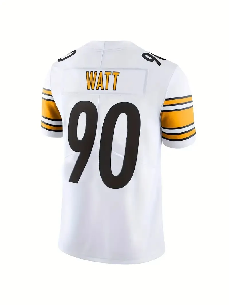 Pittsburgh Steelers jersey featuring player name "WATT" and number "90" on a white background with black and gold stripes.