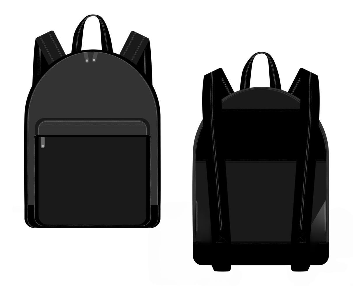 A sleek black backpack design featuring dual straps, a front zipper pocket, and a minimalist aesthetic, viewed from the front and back.