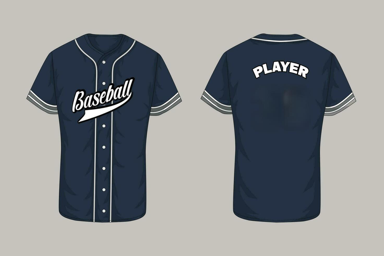 A navy baseball jersey featuring "Baseball" on the front and "PLAYER" on the back, with white trim and buttons.