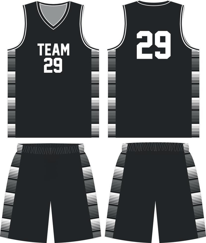 Black basketball uniform featuring "TEAM 29" in white, with striped accents on the sides of the jersey and shorts.