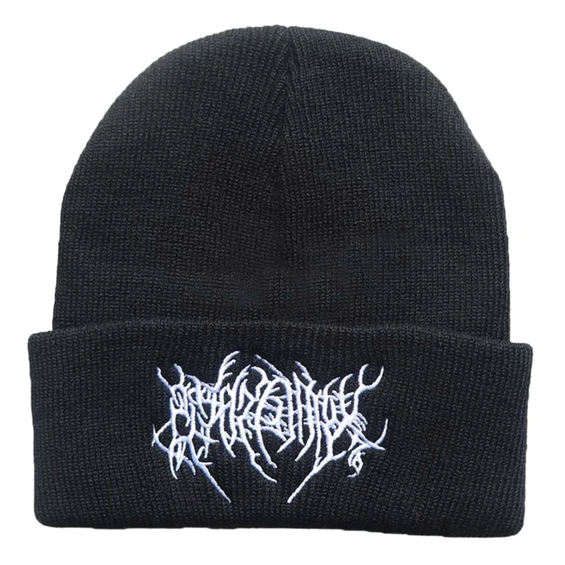 Black beanie hat featuring intricate white embroidered text with a dark, edgy aesthetic.