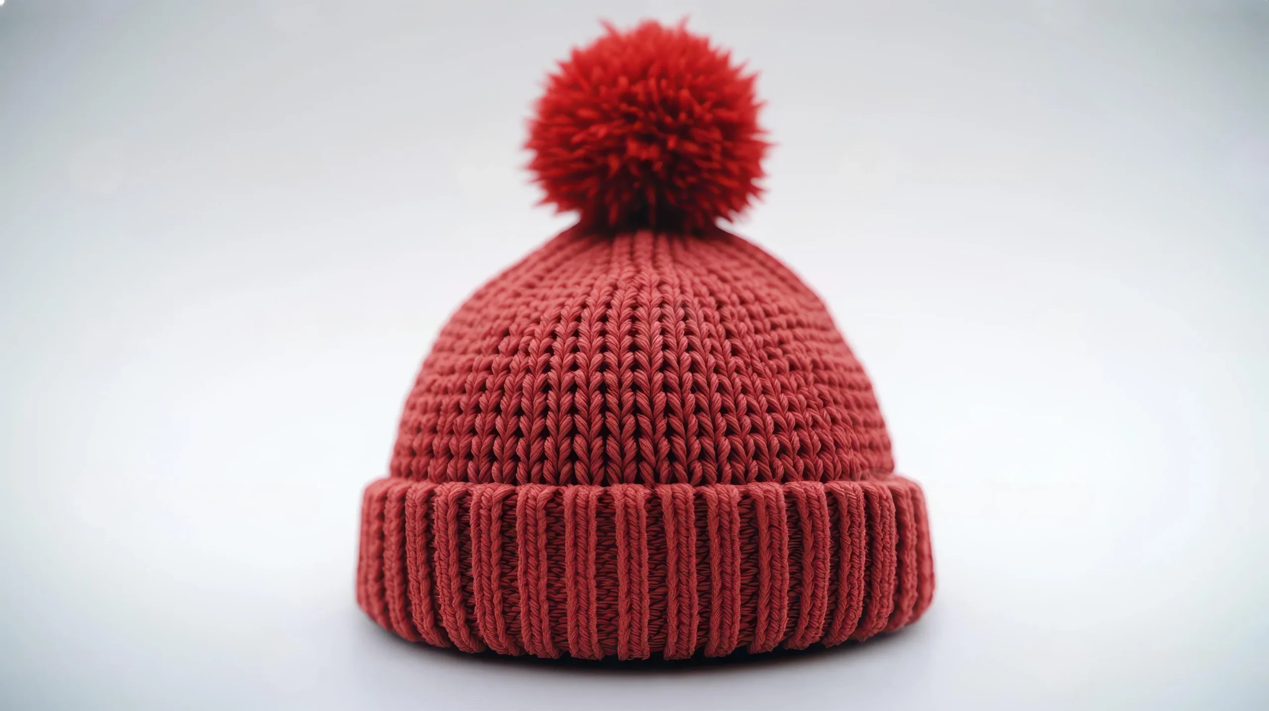 A cozy red knit beanie with a fluffy pom-pom on top, resting against a light background.