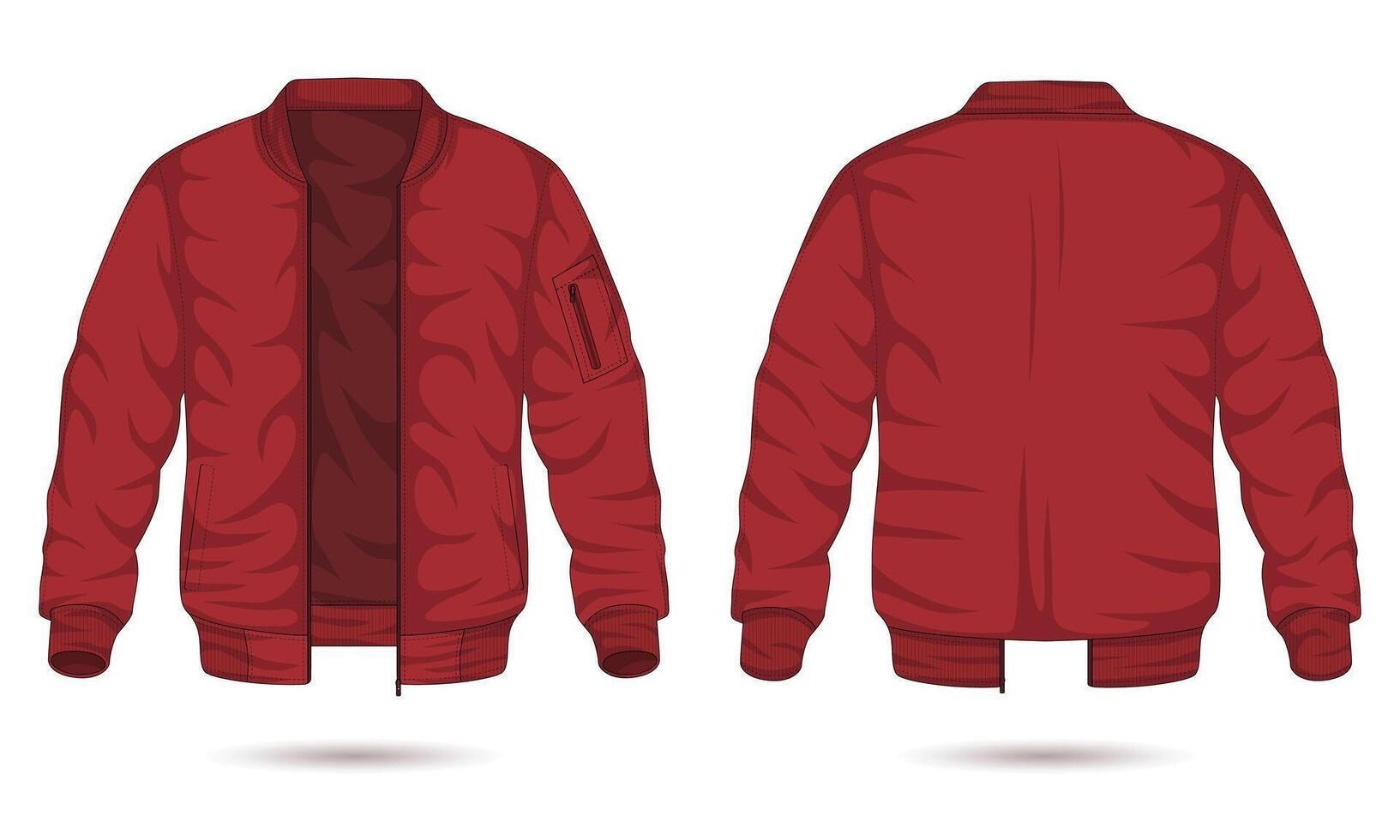Stylized red bomber jacket shown from the front and back, featuring ribbed cuffs and collar, with a side zip pocket.