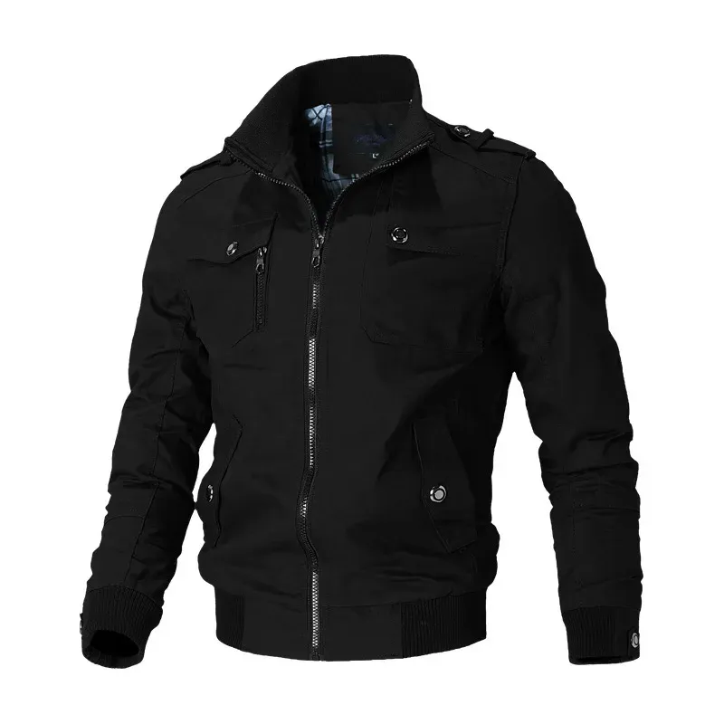 Stylish black jacket with shoulder epaulettes, front zip, and contrasting plaid lining, featuring multiple pockets and ribbed cuffs.