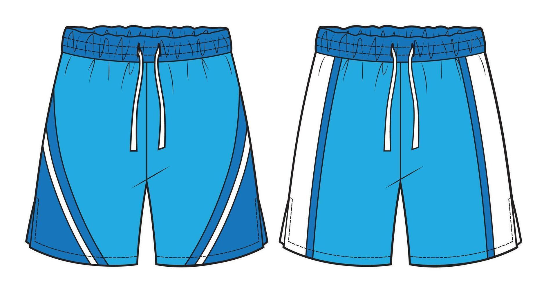 Two pairs of blue athletic shorts displayed side by side, featuring contrasting white accents and drawstring waists.