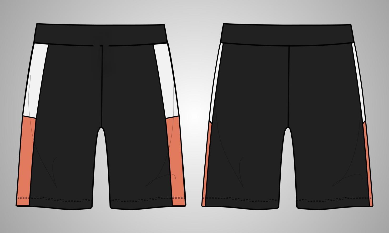Two pairs of black shorts displayed frontally, featuring color-blocked sides with white and coral accents.