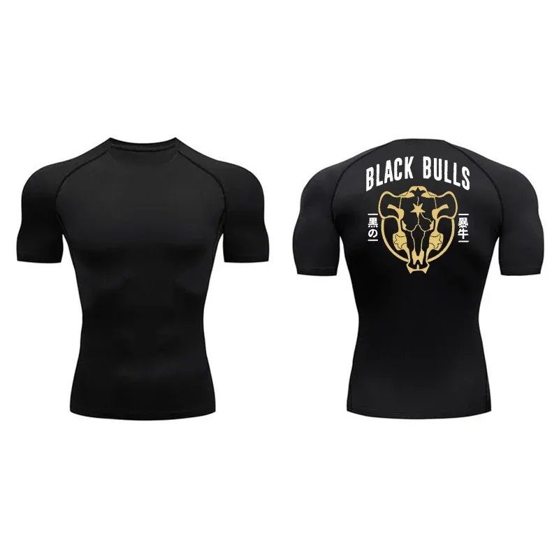A fitted black t-shirt showcasing the "Black Bulls" logo in gold, featuring a bull skull graphic on the back.