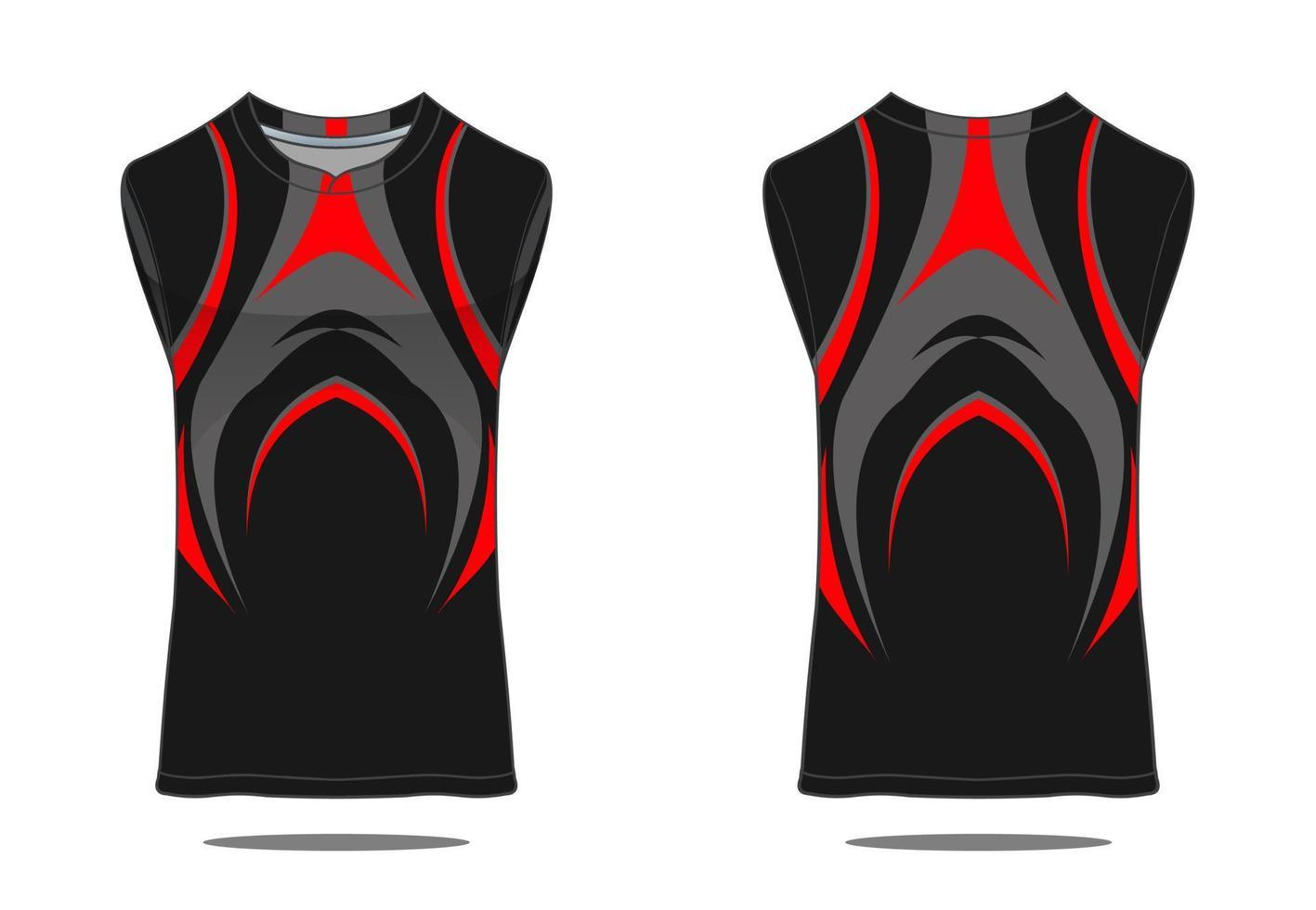A sleeveless, black compression shirt featuring striking gray and red abstract designs on the front and back.