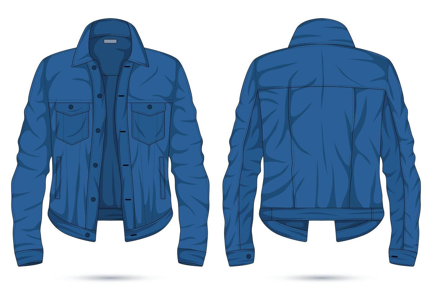 Blue denim jacket design, featuring front pockets, button closure, and a classic collar, shown from the front and back views.