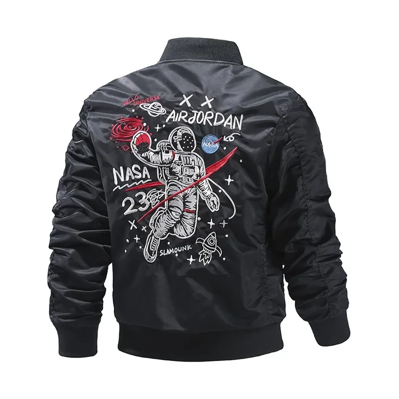 A black bomber jacket featuring colorful astronaut and NASA-themed embroidery with "Air Jordan" and "23".