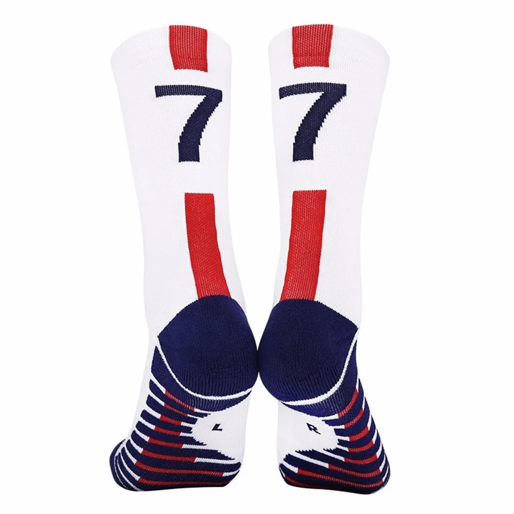 White athletic socks featuring bold red and navy stripes and the number 7 prominently displayed on the back.