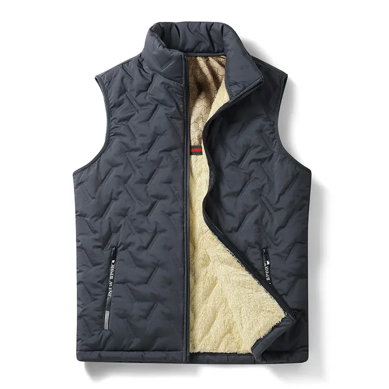 Black sleeveless vest featuring a zip front, quilted exterior, and soft, beige interior lining for warmth and comfort.