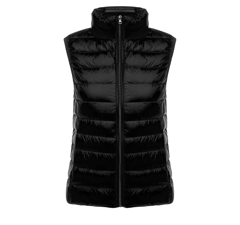 Black puffer vest with a high collar and full zipper, featuring a quilted design and a sleek, shiny finish.