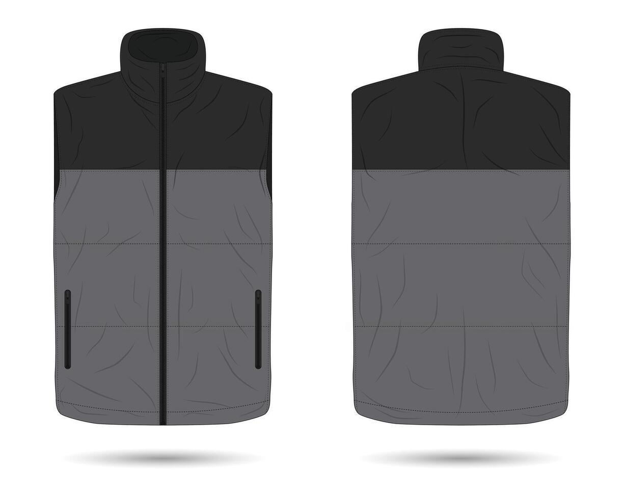 A sleeveless gray vest with a black upper section, featuring a high collar and two zippered side pockets. Front and back view displayed.