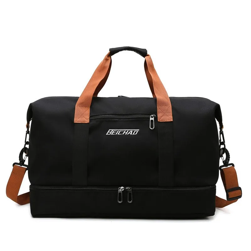 Black duffle bag with brown straps and logo, featuring a front zip pocket and dual zipper compartments. Ideal for travel or gym use.