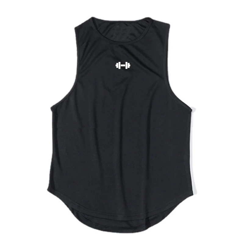 Black sleeveless workout tank top featuring a white dumbbell graphic on the chest. Ideal for gym or fitness activities.