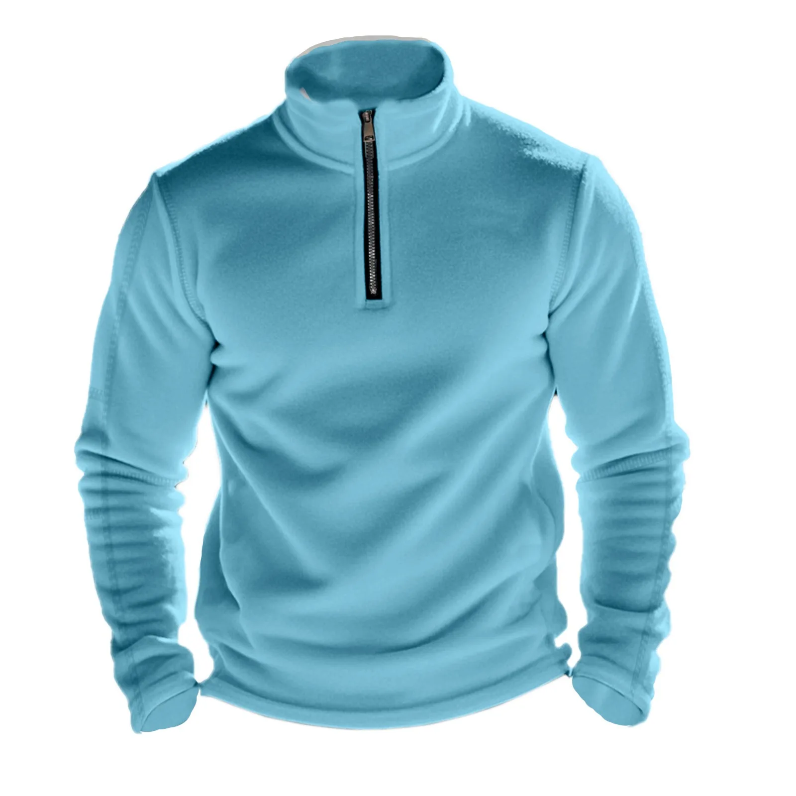Light blue quarter-zip fleece pullover with long sleeves and a black zipper detail at the neck.