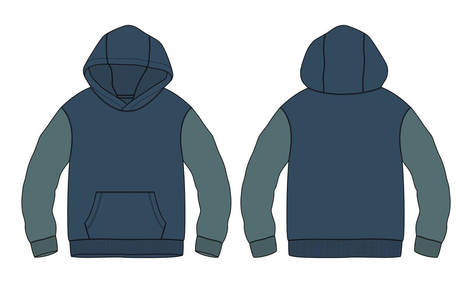 A navy blue hoodie featuring a front pocket and green sleeves, displayed from the front and back views.