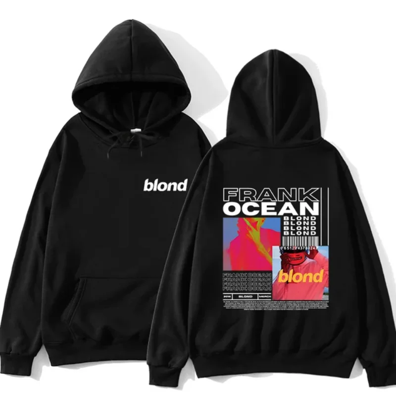 Black hoodie featuring "blond" text on the front and a vibrant graphic of Frank Ocean on the back. Stylish and artistic design.