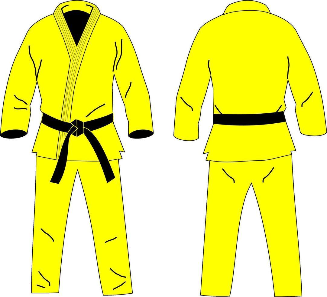 A vibrant yellow martial arts uniform featuring a black belt, shown from the front and back views.