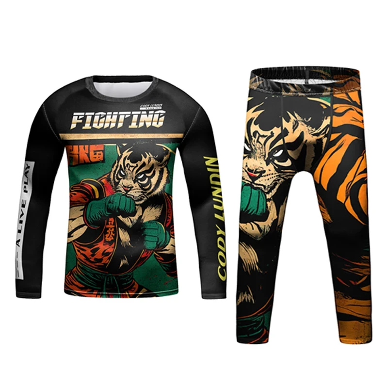 Men's athletic outfit featuring a tiger graphic, with a long-sleeve shirt and leggings showcasing a vibrant martial arts design.