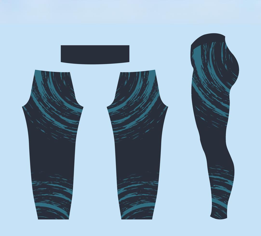 Design blueprint of athletic leggings featuring dark fabric with swirling turquoise patterns, laid out flat against a light blue background.