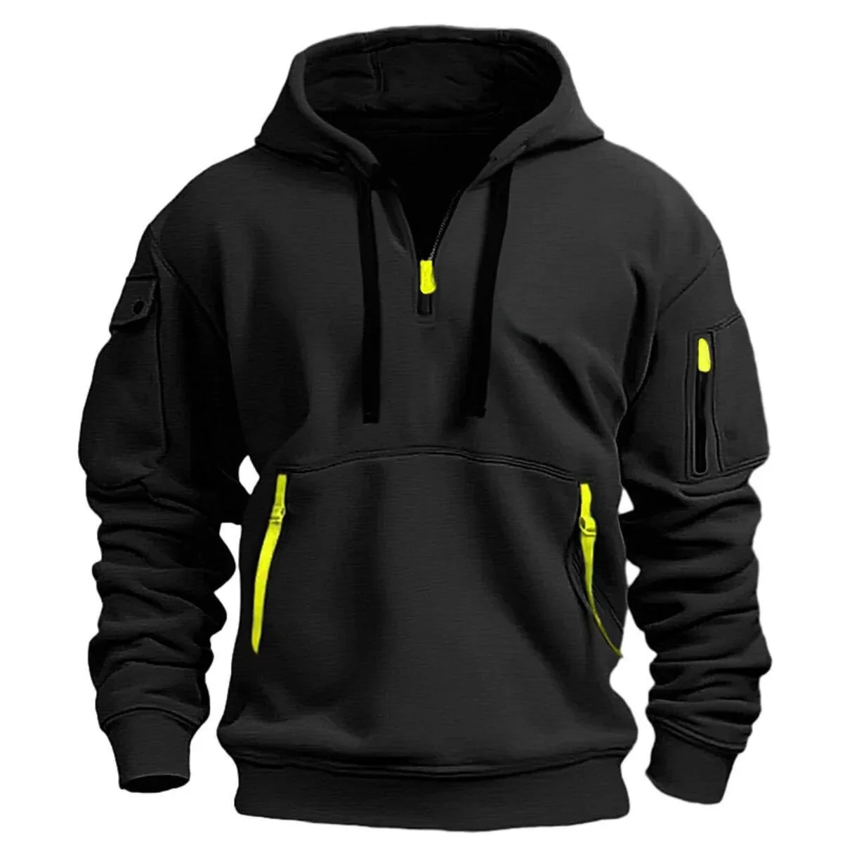 Black hoodie with yellow zippers and accents, featuring a front pocket and a small sleeve pocket, ideal for casual wear.