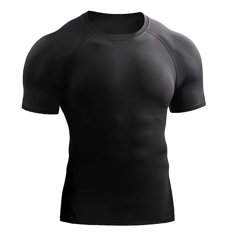 Men's slim-fit black short-sleeve athletic shirt with a crew neck, designed for comfort and performance during workouts.