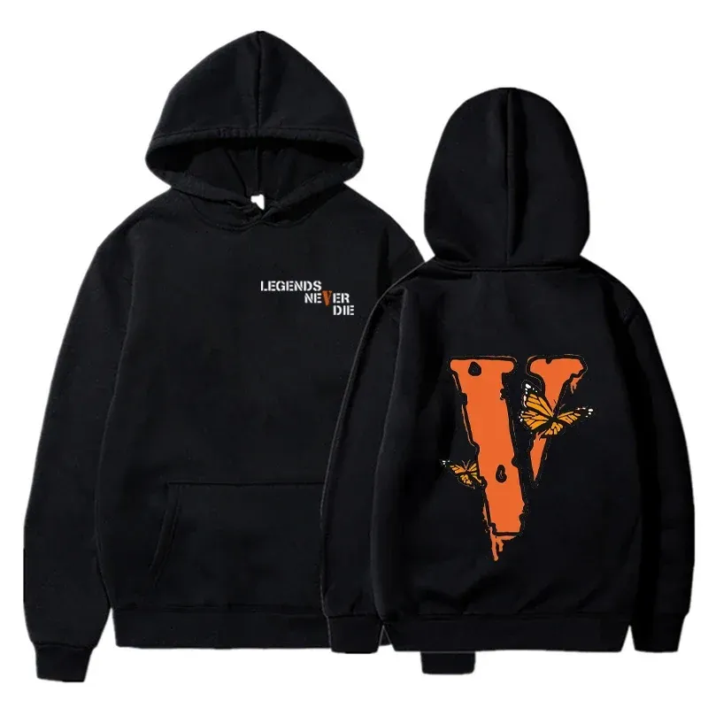 Black hoodie featuring "LEGENDS NEVER DIE" on the front and a large orange 'V' with butterflies on the back.