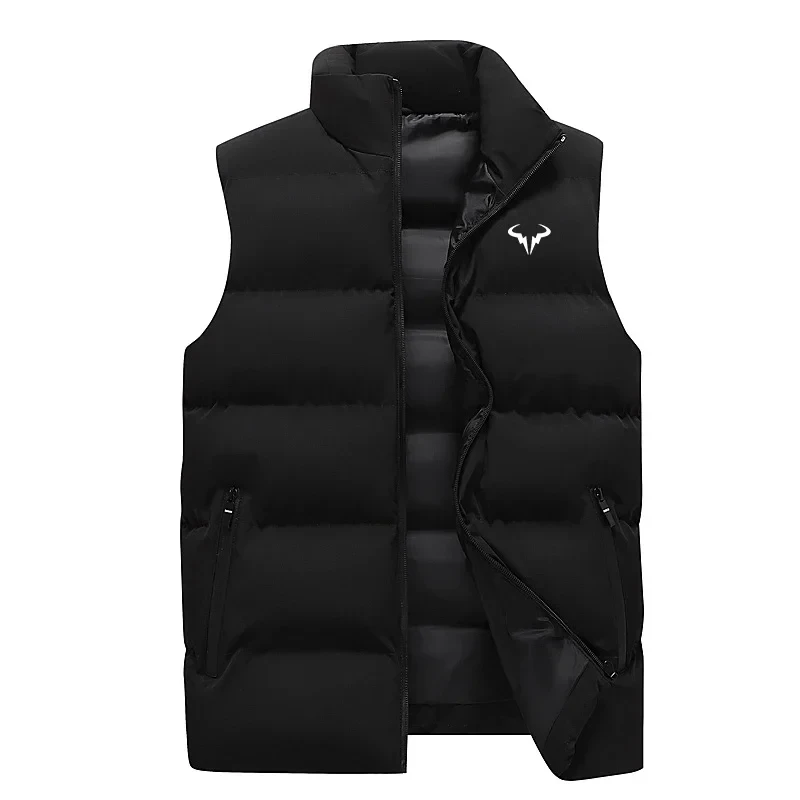Black padded vest with a high collar and white logo, featuring zippered pockets and a sleek, insulated design.