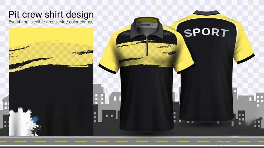 Design of a black and yellow pit crew shirt, featuring a sporty collar and the word "SPORT" on the back, with a modern graphic style.