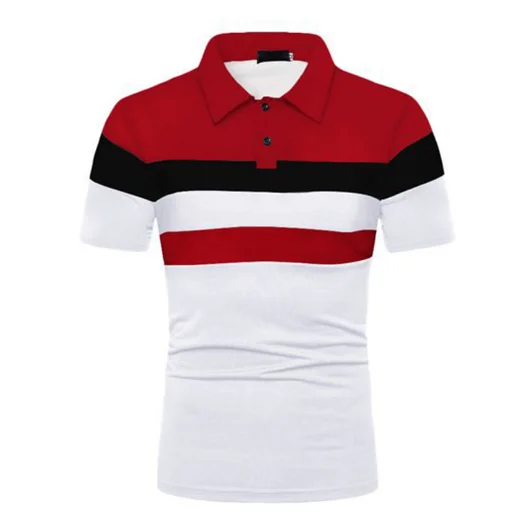Red, black, and white striped polo shirt with a collared neck and short sleeves, featuring button detailing on the front.