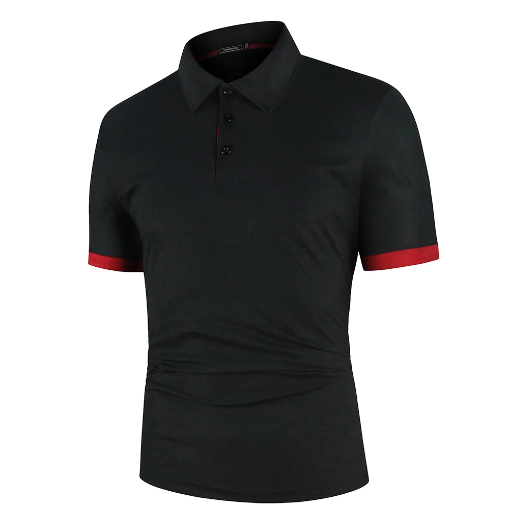 Men’s short-sleeve polo shirt in black, featuring a collar and red accents on the cuffs for a stylish, modern look.