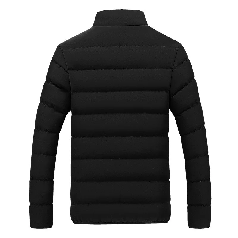 Back view of a sleek, black puffer jacket with a high collar and quilted design for warmth and style. Ideal for cold weather.