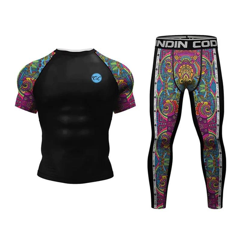 Black athletic shirt with colorful patterned sleeves next to matching vibrant leggings with intricate designs.