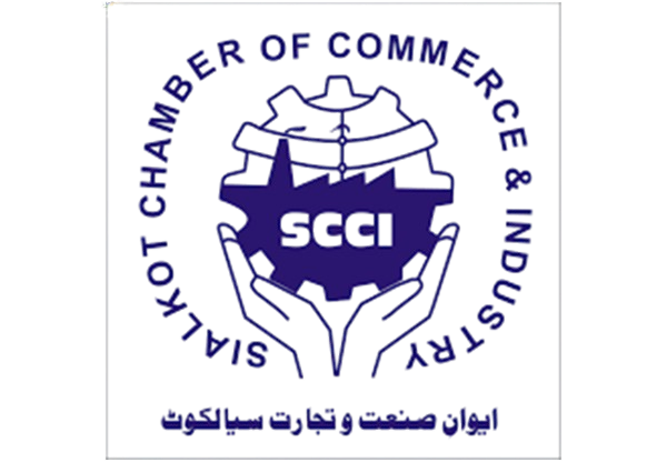 Logo of the Sialkot Chamber of Commerce & Industry featuring a gear design and hands, with "SCCI" prominently displayed.
