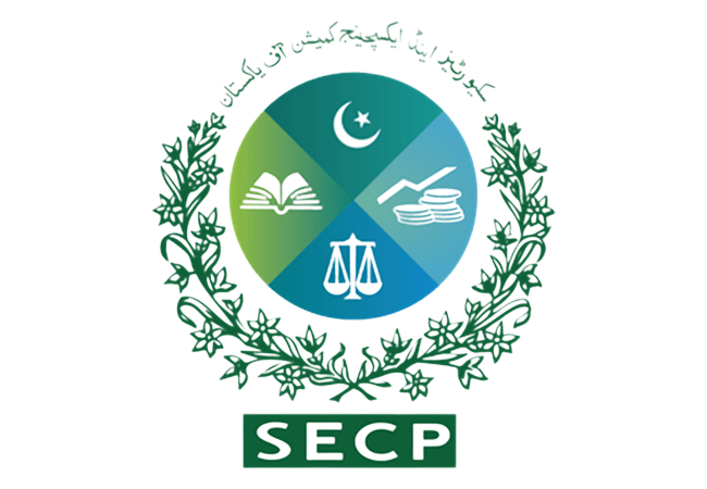 Logo of the Securities and Exchange Commission of Pakistan (SECP) featuring symbols of law, finance, and knowledge within a laurel wreath.