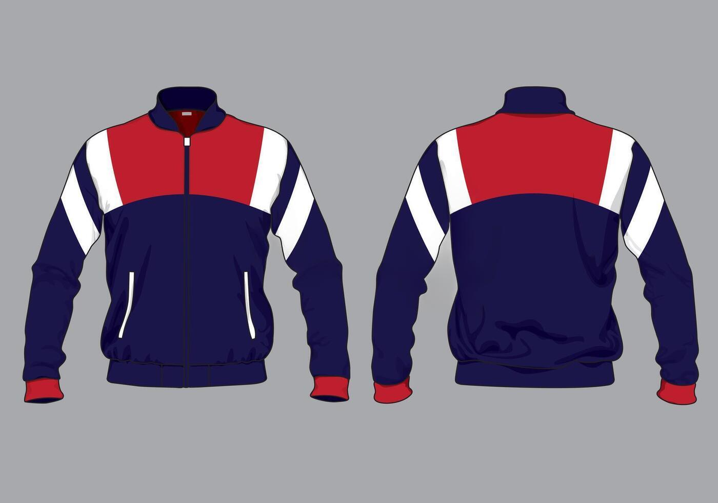 Navy and red track jacket with white stripes, featuring zip front, high collar, and side pockets, shown from front and back.