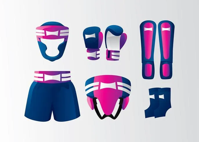 Illustration of boxing gear: helmet, gloves, shorts, shin guards, and wraps in a vibrant pink and blue color scheme.