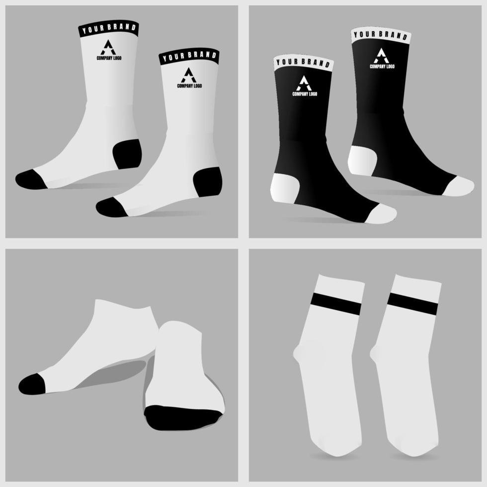 Four designs of socks featuring a logo, two in black and white styles in tall and short variations.