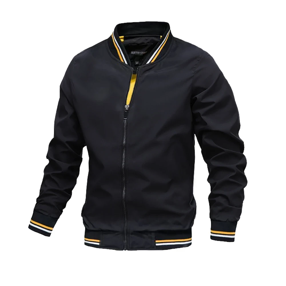 Men's stylish black bomber jacket with yellow and white striped accents on the collar and cuffs, featuring a zip front.