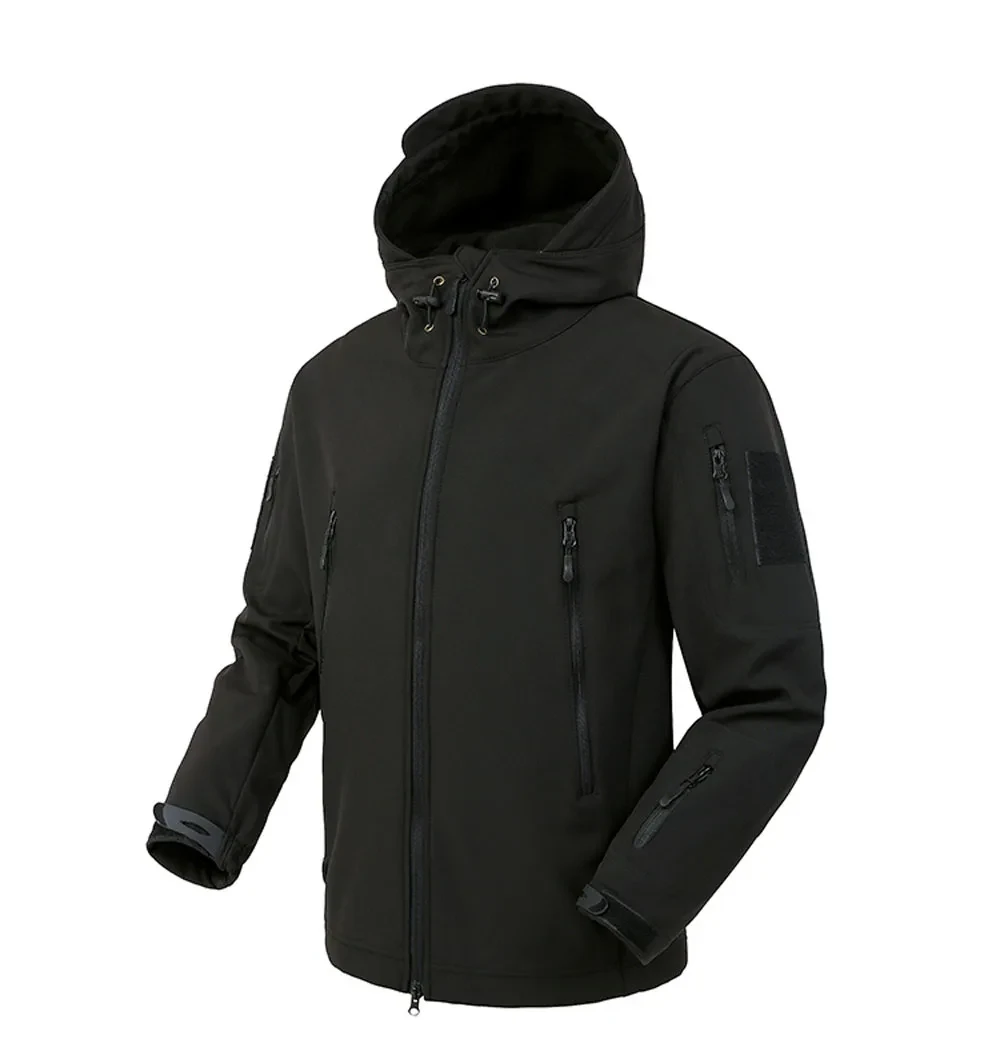 Men's black soft-shell jacket with a hood, zippered pockets, and adjustable cuffs, ideal for outdoor activities.