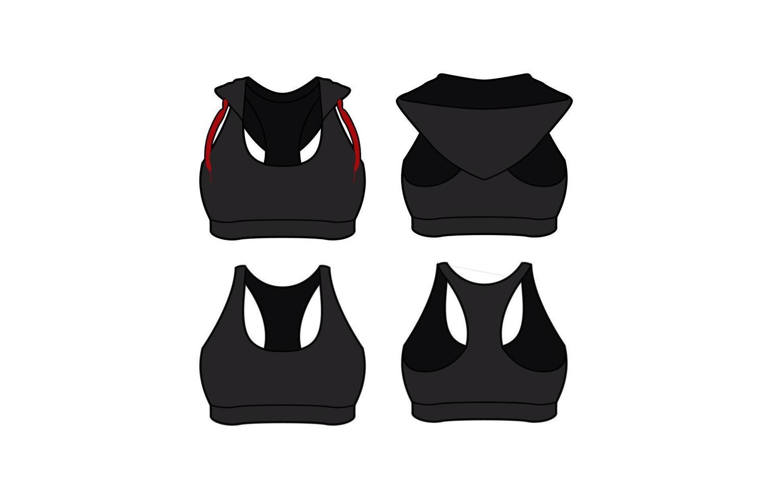 Four styles of black sports bras displayed from the back, featuring various necklines and strap designs, including a hoodie option.