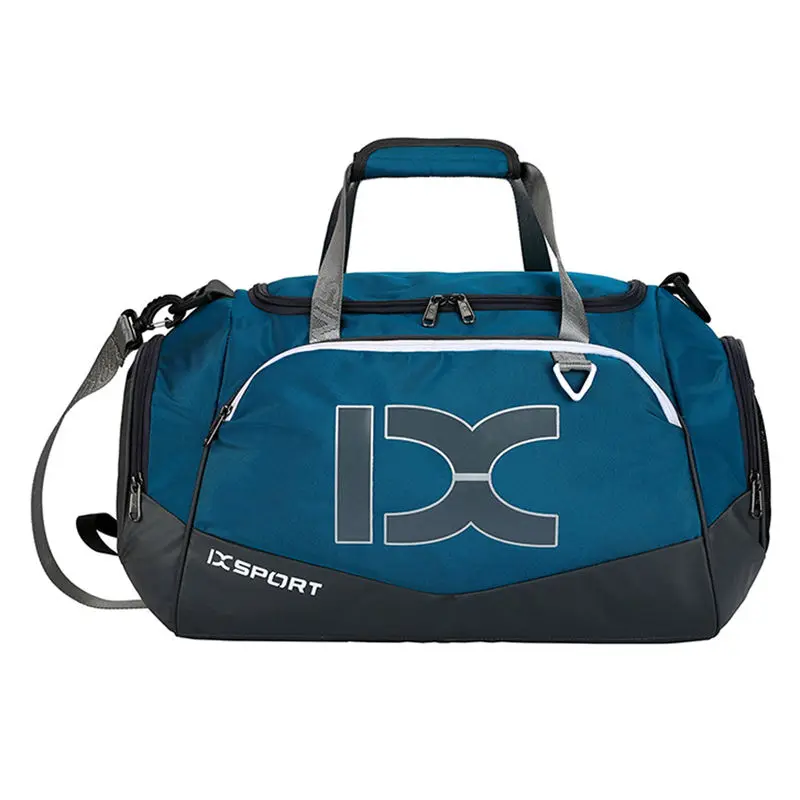 A blue duffel bag with gray accents, featuring the IX Sport logo and two carrying handles for easy transport.