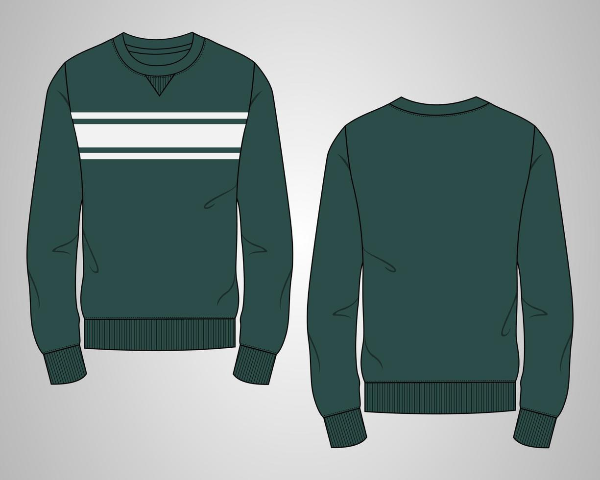 Illustration of a dark green sweatshirt featuring white horizontal stripes, shown from the front and back perspectives.