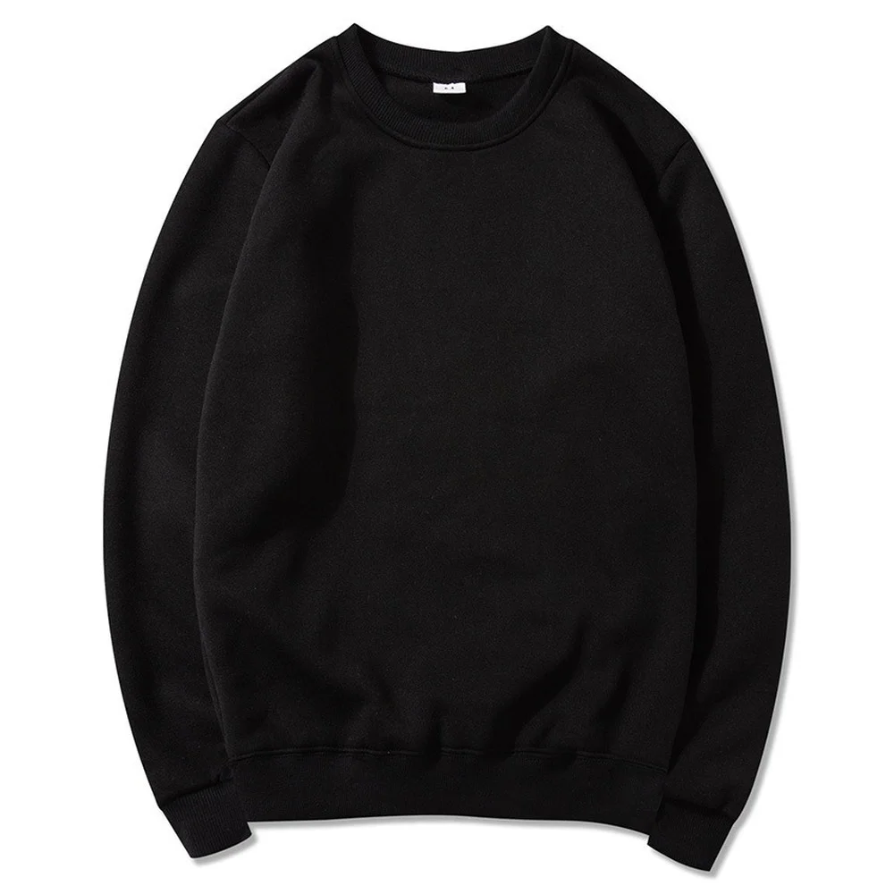 A black crewneck sweatshirt displayed flat, showcasing its simple, classic design and soft fabric texture.