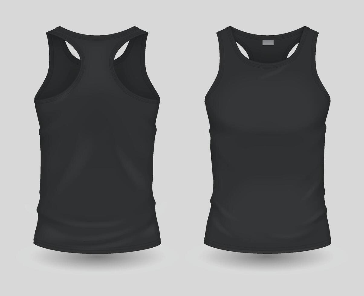 Front and back views of a sleek, black sleeveless tank top on a light gray background.