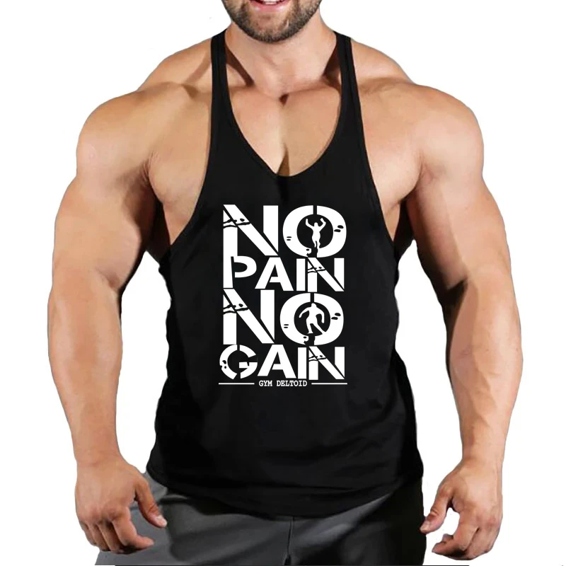 Muscular man wearing a black gym tank top with bold 'No Pain No Gain' motivational text print – fitness apparel for bodybuilding and workout enthusiasts