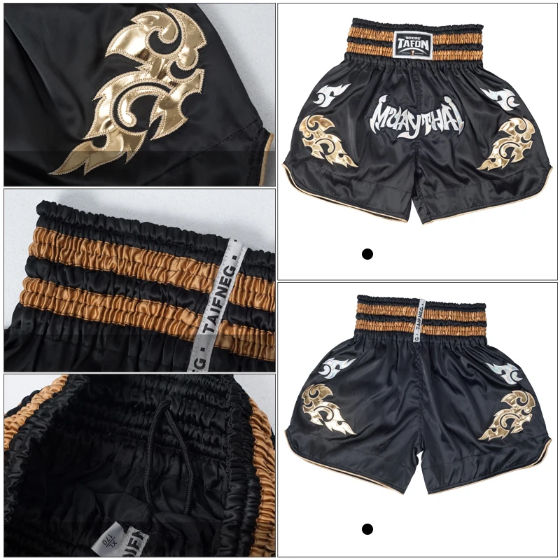 Black Muay Thai shorts with gold tribal designs, elastic waistband, and contrasting brown details, showcasing style and functionality.